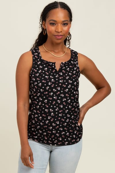 P.S. Kate Black Floral Ribbed Split Neck Tank Top
