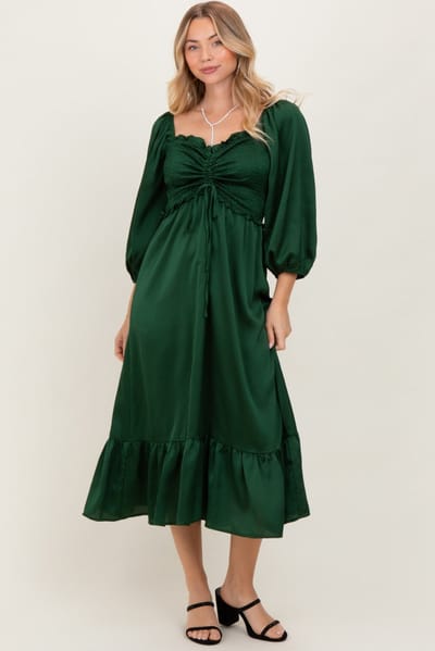 Dress Day Green Satin Smocked Cinched Bust Midi Dress