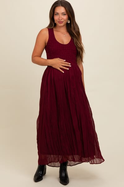Listicle Burgundy Textured Smocked Bodice Sleeveless Maternity Maxi Dress