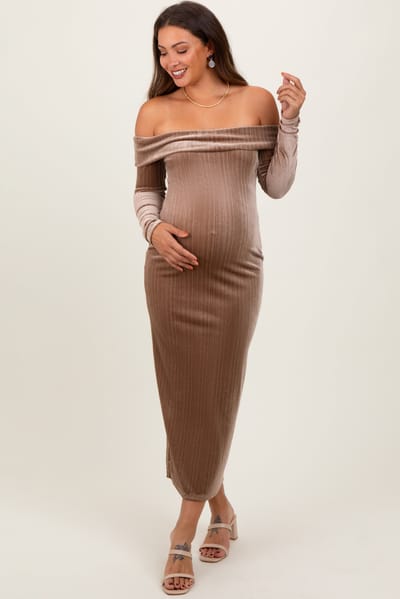 PinkBlush Taupe Shiny Velour Off Shoulder Maternity Midi Dress