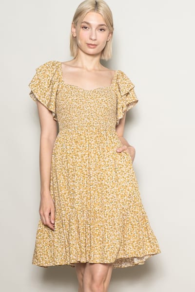 Elloh Yellow Floral Smocked Flutter Sleeve Dress