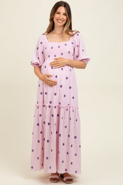 J.NNA Lavender Floral Smocked Puff Sleeve Maternity Maxi Dress