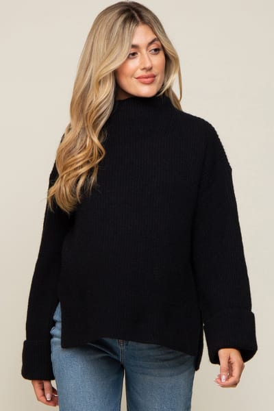 Bluivy Black Mock Neck Chunky Knit Maternity Sweater