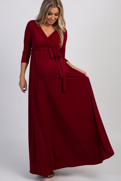 PinkBlush PinkBlush Burgundy Draped 3/4 Sleeve Maternity Maxi Dress