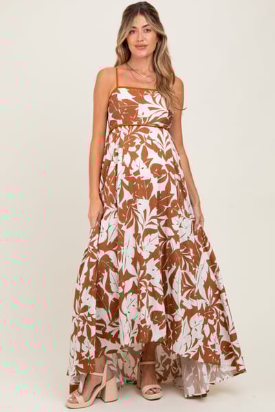 Rhea + Thea Mocha Vintage Floral Smocked Top Sleeveless Maternity Maxi Dress