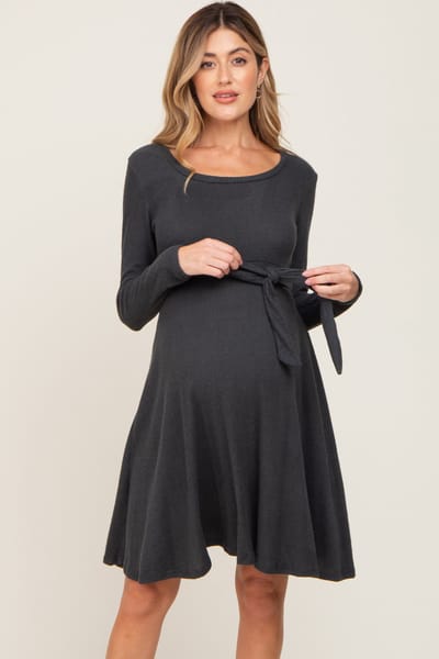 Hello Miz Charcoal Soft Rib Knit Sash Tie Maternity Dress