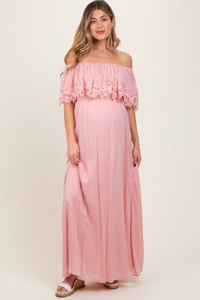PinkBlush Pink Lace Off Shoulder Maternity Maxi Dress