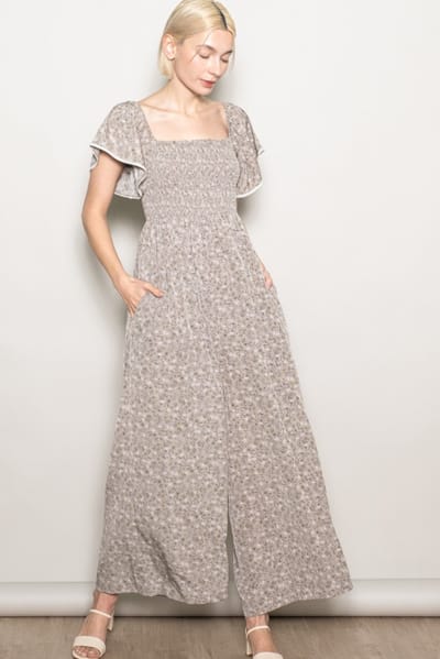 Elloh Light Taupe Floral Smocked Lace Trim Wide Leg Jumpsuit