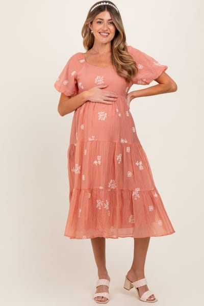 PinkBlush Light Pink Floral Embroidered Tiered Maternity Midi Dress