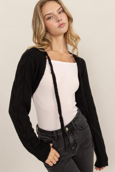 Hyfve Black Cable Knit Tie Front Shrug
