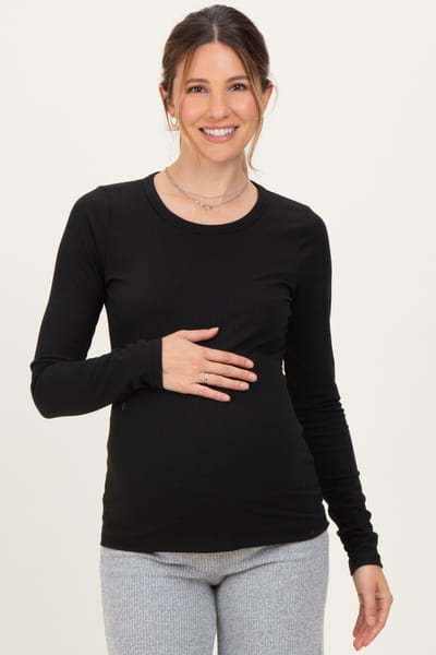 PinkBlush Black Solid Ribbed Long Sleeve Round Neck Maternity Tunic Top