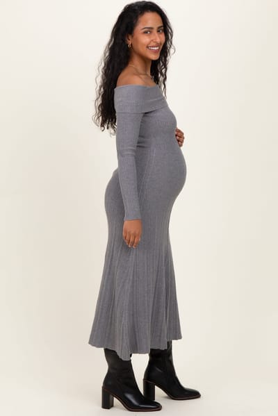 PinkBlush Heather Grey Ribbed Knit Off Shoulder Maternity Midi Dress