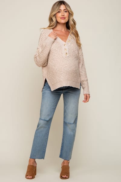 Bluivy Beige Chunky Knit Button V-Neck Maternity Sweater