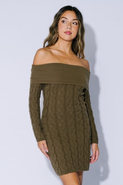 Blue Blush Olive Cable Knit Off Shoulder Mini Sweater Dress