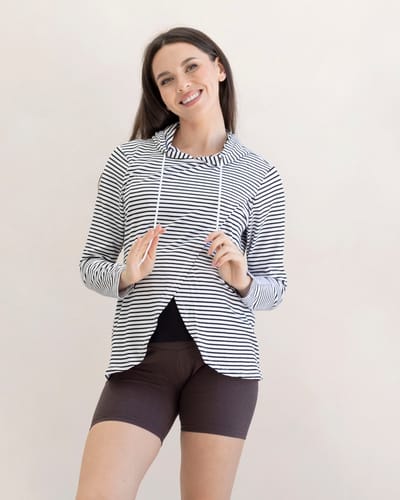 Angel Maternity Maternity Petal Hem Hoodie Nursing Top in Stripes