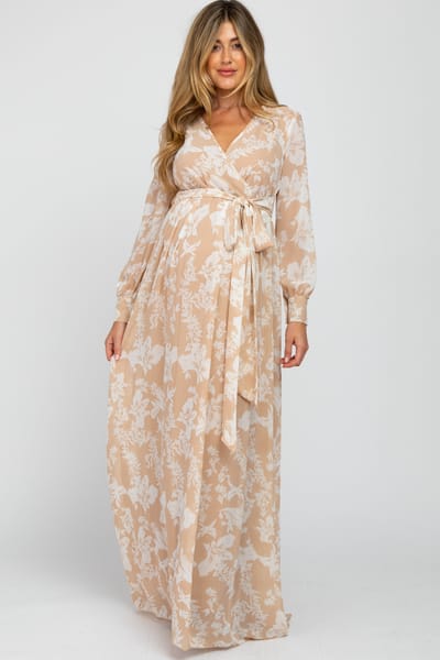 Ricarica Taupe Floral Chiffon Maternity Maxi Dress