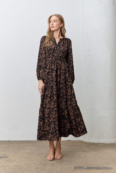 Polagram Black Floral Smocked Waist Long Sleeve Midi Dress