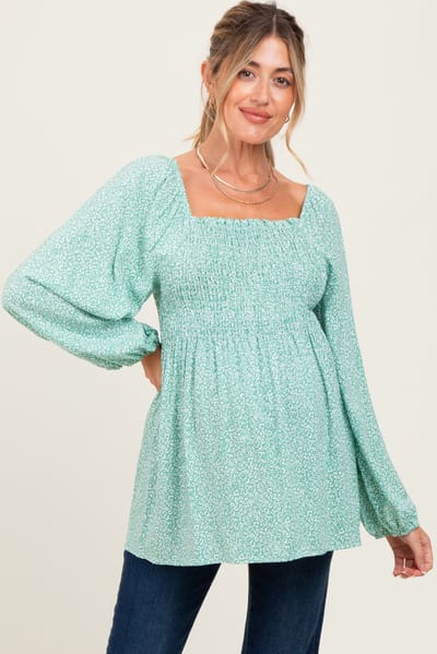 Lovely Melody Sage Floral Smocked Long Sleeve Maternity Top