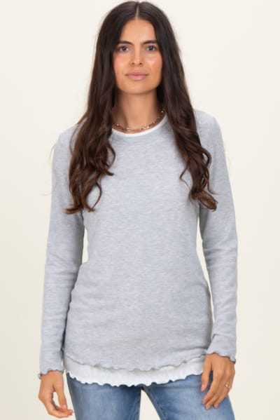 Hello Miz Heather Grey/White Ribbed Long Sleeve Twofer Top