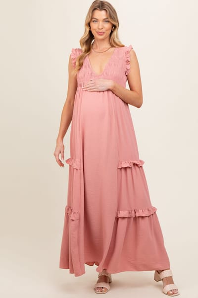 PinkBlush Mauve Smocked Ruffle V-Neck Maternity Maxi Dress