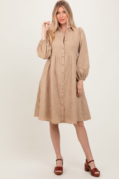 Polagram Camel Tiered Button Down Shirt Dress