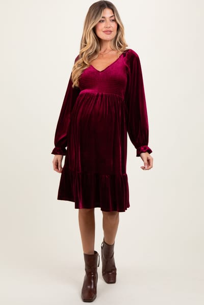 PinkBlush Burgundy Velvet Smocked Maternity Long Sleeve Dress