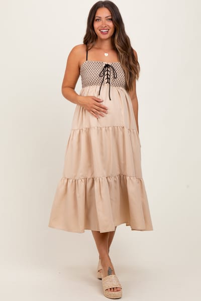 Idem Ditto Beige Lace Up Smocked Bodice Tiered Maternity Midi Dress