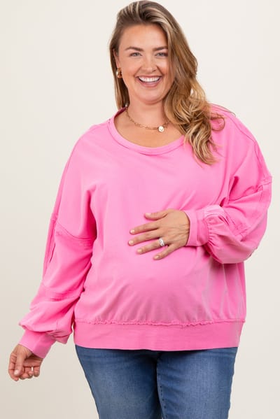ODDI Pink Raw Hem Detail Maternity Plus Pullover Top