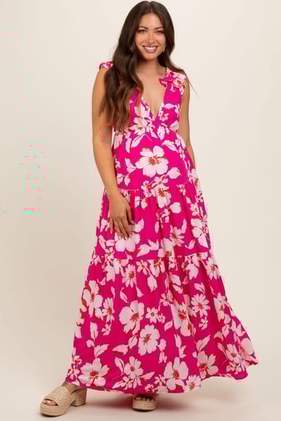 PinkBlush Fuchsia Floral Deep V-Neck Open Back Maternity Maxi Dress