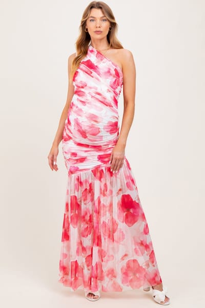 PinkBlush Fuchsia Floral Ruched Mesh One Shoulder Maternity Maxi Dress