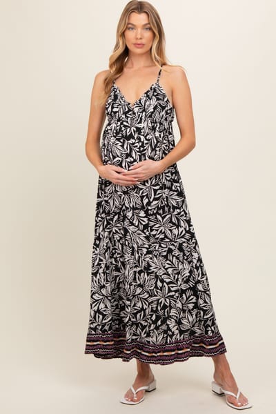 Angie Black Floral Sleeveless Back Tie Maternity Maxi Dress