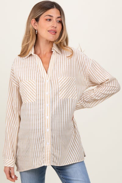PinkBlush Dark Yellow Striped Double Pocket Maternity Button Down Top