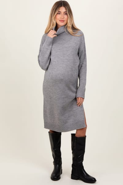 PinkBlush Heather Grey Turtleneck Side Slit Maternity Midi Sweater Dress