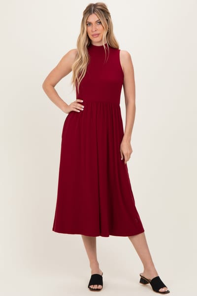 West K Wine Ribbed Mock Neck Sleeveless Midi Dress