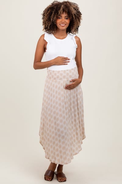 PinkBlush Beige Damask Print Smocked Waistband Maternity Midi Skirt