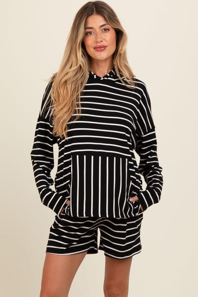 Rhea + Thea Black Cozy Striped Ribbed Two-Piece Maternity Lounge Set
