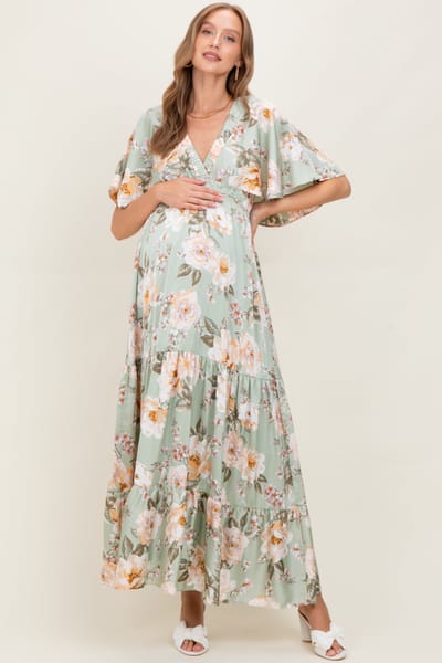 Rhea + Thea Sage Floral Print Elbow Sleeve V-Neck Tiered Maternity Maxi Dress