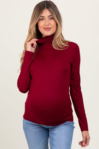 PinkBlush Burgundy Brushed Knit Basic Turtleneck Maternity Top