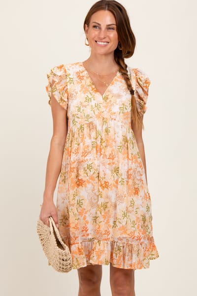 Mitto Orange Floral Chiffon Ruffle Short Sleeve Dress