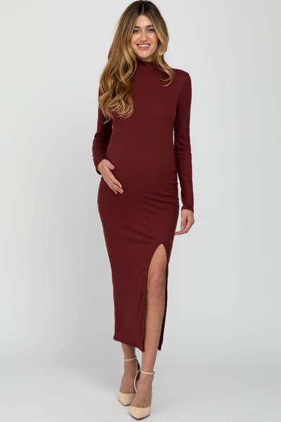 PinkBlush Burgundy Ribbed Mock Neck Side Slit Maternity Maxi Dress