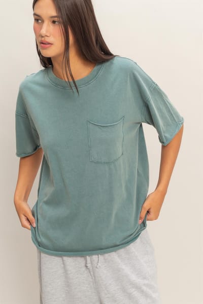 Hyfve Teal Vintage Wash Raw Edge Pocket T-Shirt
