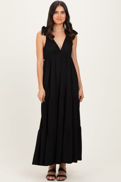 Rhea + Thea Black Shoulder Tie Ribbed Tiered Maxi Dress