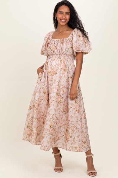 PinkBlush Beige Floral Puff Sleeve Maternity Midi Dress