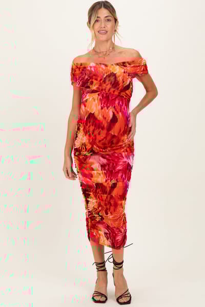 PinkBlush Orange Printed Off Shoulder Ruched Maternity Midi Dress