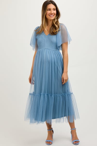 PinkBlush Blue Dotted Tulle Smocked Maternity Midi Dress
