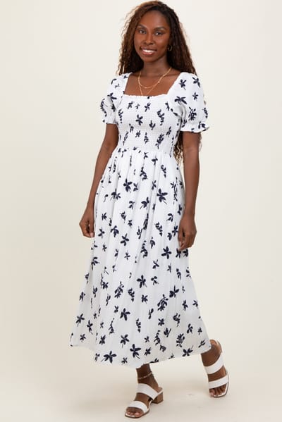 Klesis Ivory Floral Puff Sleeve Midi Dress