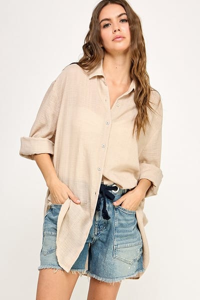 Miss Love Light Beige Lightweight Sheer Button Down Blouse