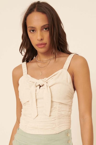 Promesa Oatmeal Woven Ruched Self Tie Knot Cami Top