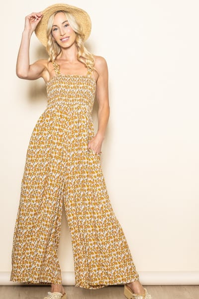 Elloh Yellow Printed Smocked Wide Leg Jumpsuit