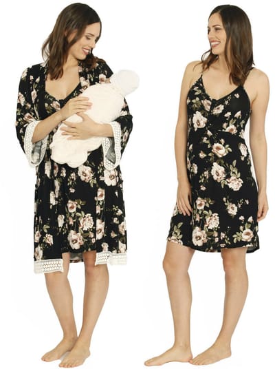 Angel Maternity Nursing Dress + Robe + Free Baby Blanket Wrap - Floral Hospital Pack